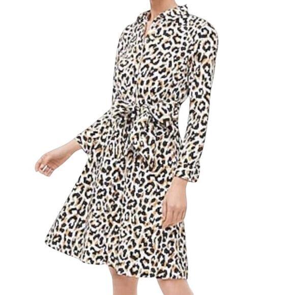 NEW J. Crew Factory Leopard Tie-Waist Shirtdress in Cotton Poplin Size 2 - Picture 1 of 12